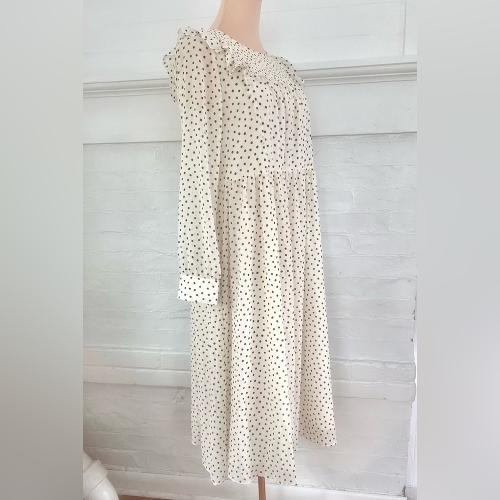 Madewell Smocked Ruffle-Shoulder Midi Dress Inkbrush Dots Cream Black Polka Dot - Picture 3 of 13